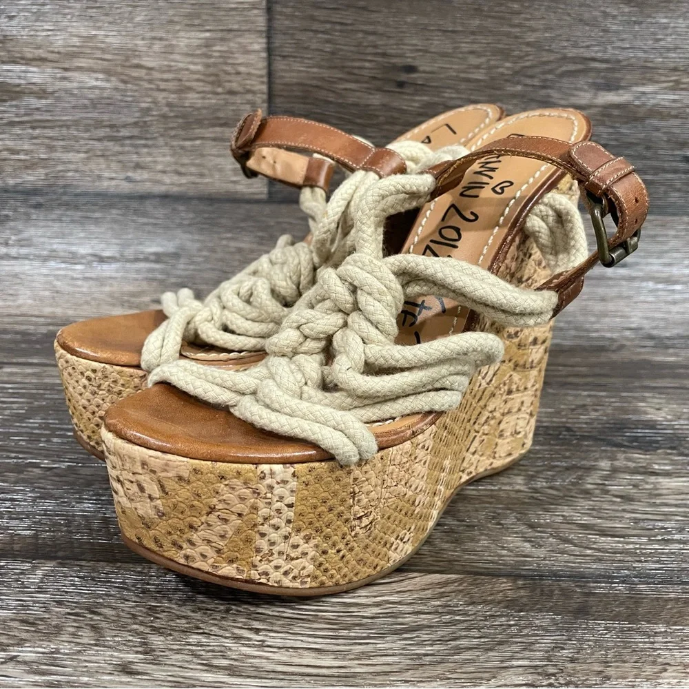 Lanvin 2012 Ete Sandals Rope Snake Print Cork Platform‎ Wedge Open Toe Brown 37